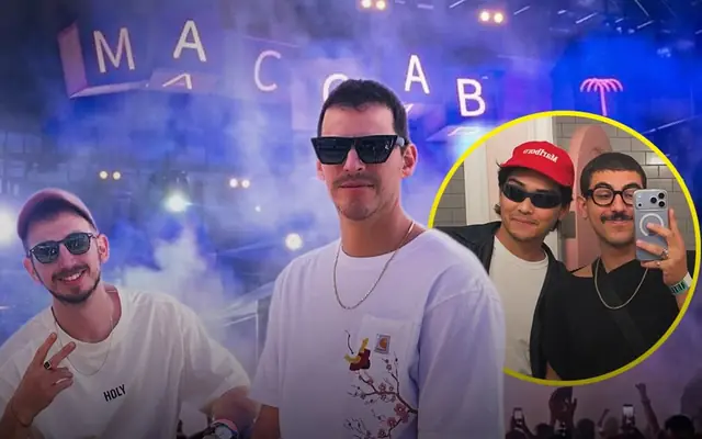 אמני מכבי האוס מול הבמה של Maccabi House במיאמי, ובעיגול שניים נוספים